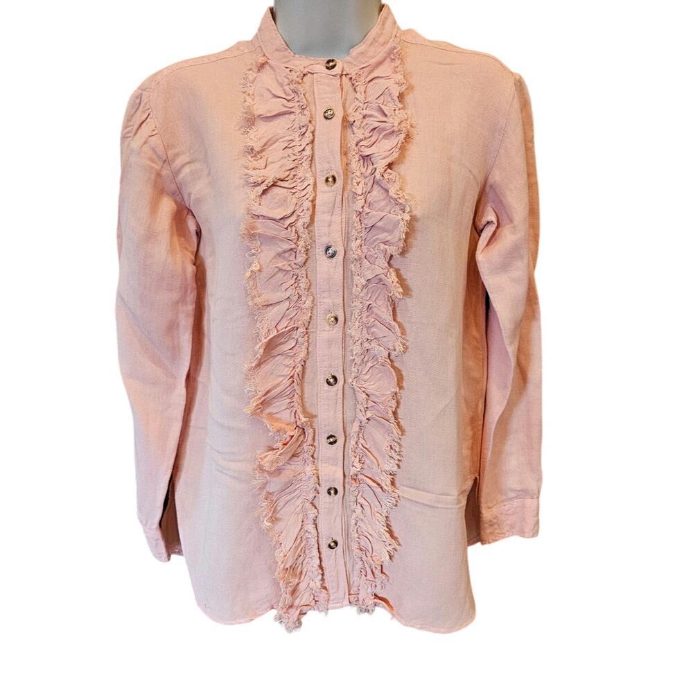 NWT pilcro sz XXS long sleeve light pink ruffle placket raglan linen blend top